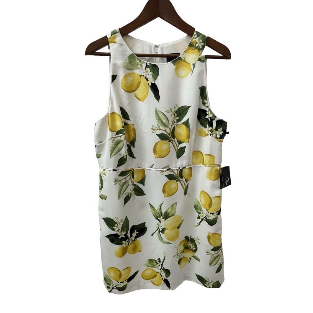 Adrianna Papell Dress White w/ Yellow Lemons Sleeveless Pockets Women's Size 16P